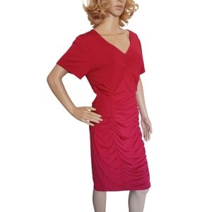Ambiance Red V Neck Ruched Bodycon Knee Length Dress 1XL